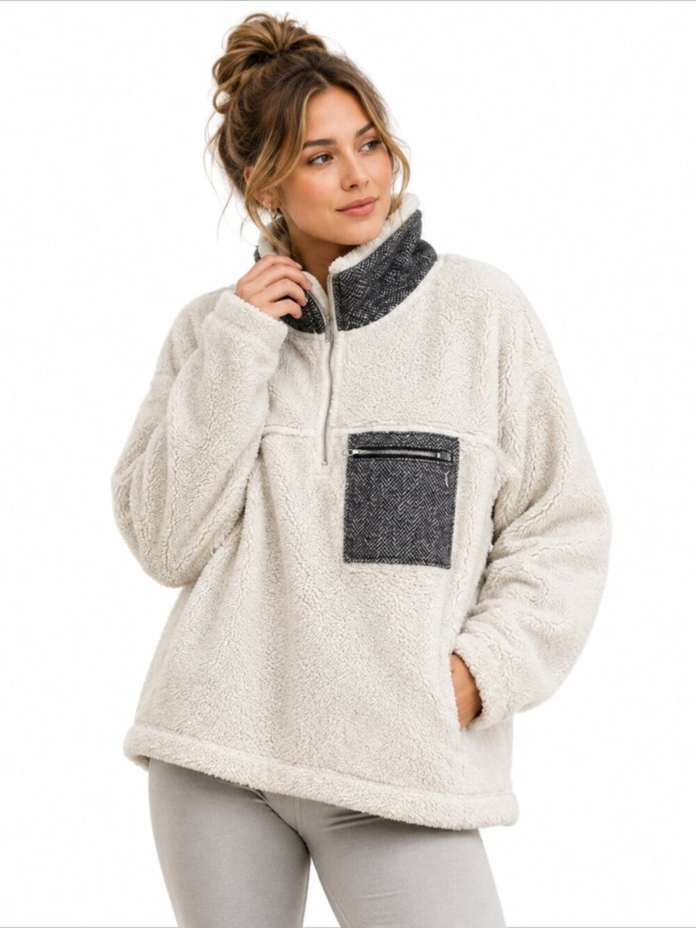 Natural‎ Reflections Sherpa Pullover Beige 1/4 Zip Cozy Fleece Women XL